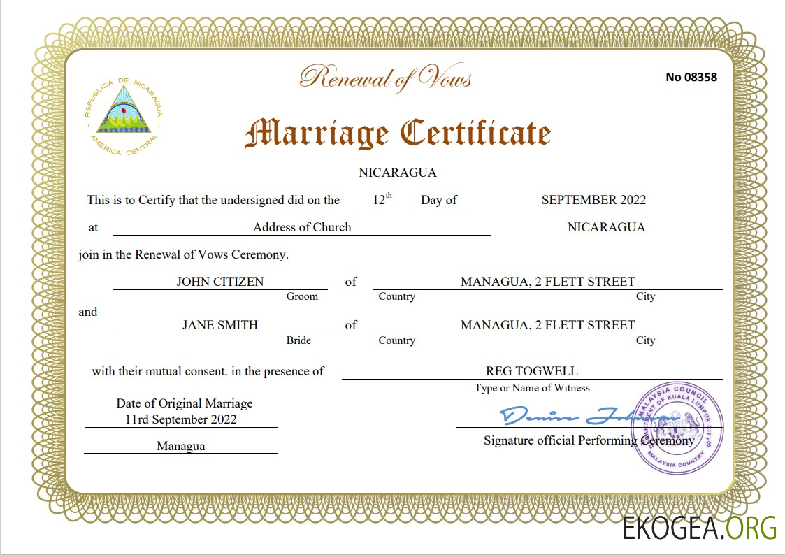 Modèle Word et PDF de certificat de mariage au Nicaragua